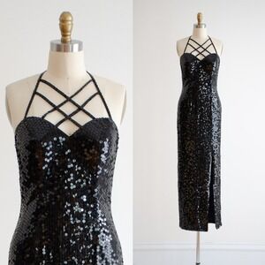 90s vtg‎ Papell Boutique black sequin high choker collar sleeveless formal dress